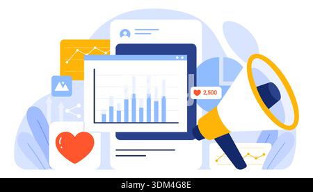 Social media marketing tools concept with analytics, engagement metrics, and content promotion strategies. Enhance your online presence and track performance. Isolated on white background vector illustration Stock Vector