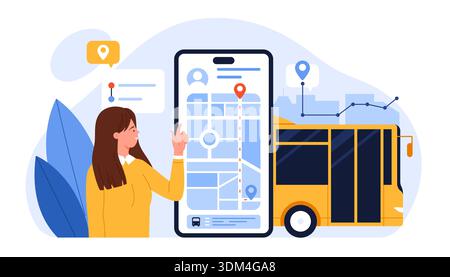 Woman using smartphone app to track city bus location and route in real time, showing urban public transport management and digital navigation system, isolated on white background vector illustration Stock Vector