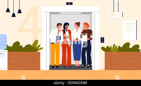 Group of business colleagues and employees talking inside an elevator at the fourth floor, surrounded by office plants and modern decor, isolated on white background vector illustration Stock Vector