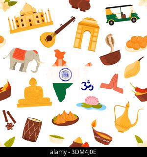 Traditional Indian symbols, food, monuments, and cultural elements arranged in a seamless pattern for creative projects and backgrounds, isolated on white background vector illustration Stock Vector