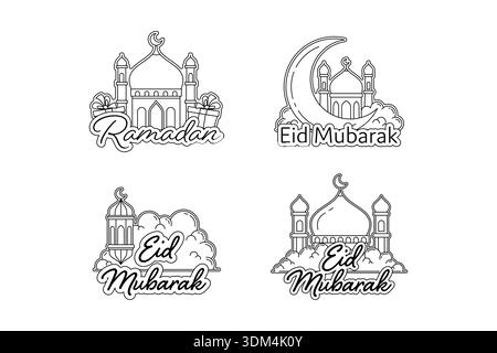 Set of line art designs for Ramadan and Eid Mubarak Features mosques, crescent moons, gifts, and lanterns with holiday greetings Stock Vector