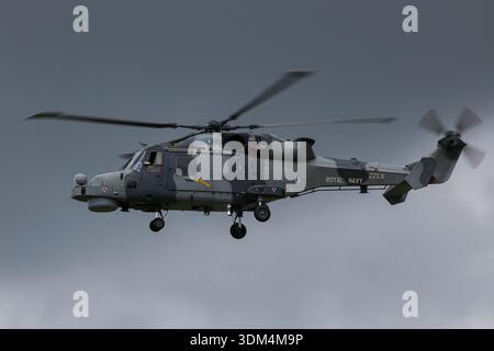 Royal Navy AW159 Wildcat helicopter flying during an air display under dramatic grey skies in the UK. Stock Photo