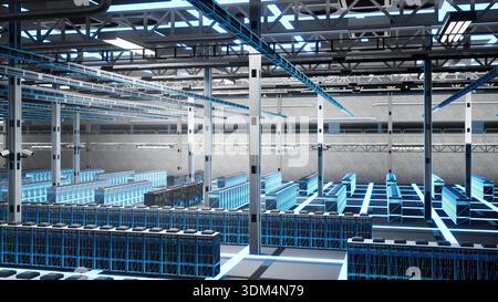 Digital twin, virtualization and server racks in data center, mapped by blue wireframe scanning lines. Modern facility, hardware and blue holographic overlay showing infrastructure mapping concept Stock Photo