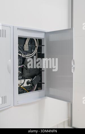 Open Electrical Cabinet With Wiring And Equipment Inside Stock Photo