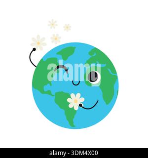 Cute planet Earth and flowers. Vector flat illustration isolated on a white background. Stock Vector