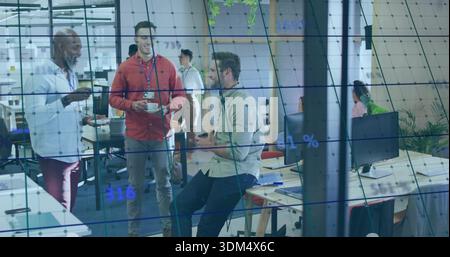 Talking three men wearing white red gray holding coffee, phone in office with glass grid overlay Stock Photo
