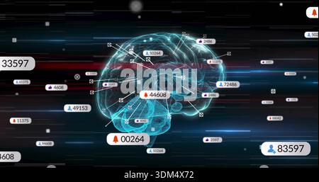 Displaying translucent wireframe brain hologram pulsing in virtual cyberspace, with numeric badges Stock Photo
