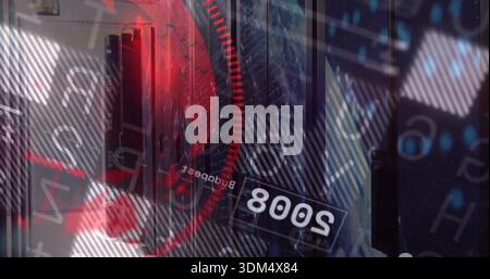 Displaying black server racks and red HUD ring glowing in data center, showing reversed 8008 Stock Photo