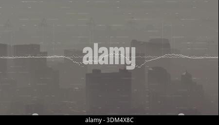 Displaying white dotted waveform overlaying hazy downtown skyline, showing towers and cranes Stock Photo