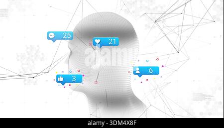 Displaying stylized dotted-mesh head left in abstract tech scene, showing blue badges and nodes Stock Photo