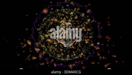 Rotating wireframe globe with cyan nodes and links enclosing mesh core in dark void, warm glow Stock Photo