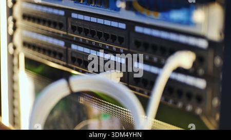Server rack showing an Ethernet patch panel with connected cables for data network Stock Photo