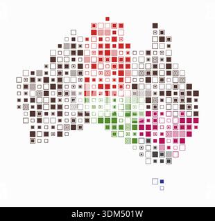 Australia, shape of the country built of colored cells. Digital style map of Australia on white background. Large size square blocks. Stock Vector