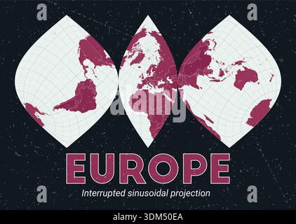 Europe. World map. Interrupted sinusoidal projection centered to Europe. Pale Mint Dark Pink palette. Vintage texture. Charming vector illustration. Stock Vector