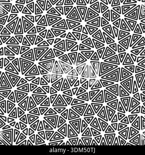 Abstract background with mosaic triangle shapes. Multiple repeated inner triangles. Compact triangles size. Black and white style. Seamless pattern. Stock Vector