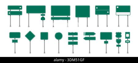 Street road green traffic signs and empty highway signboards in different forms such as square, diamond and shield. Vector road signs mockups for location and destination guide Stock Vector