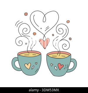 Two Warm Cups of Coffee with Steaming Heart Shapes and Hand Drawn Romantic Doodle Style Stock Vector