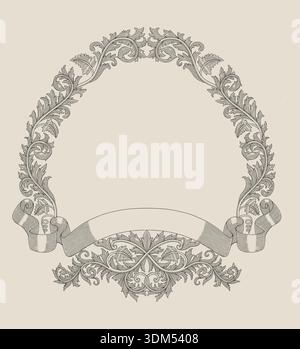 antique frame, with banner and floral ornament, vintage engraving drawing style illustration Stock Vector