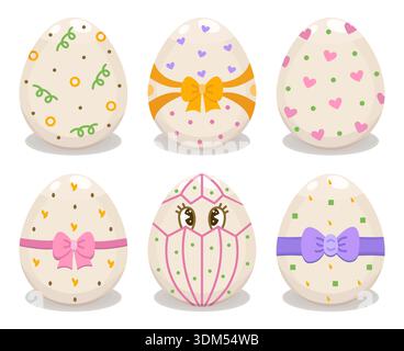 Color decorated Easter eggs with different patterns, vector icon set. Traditional Eastern European food for the holiday, colorful signs. Creative fest Stock Vector