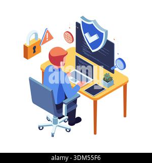 Isometric Businessman Using Laptop with Online Scam Protection. Internet Security Concept Stock Vector