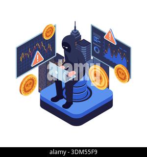 Isometric Hacker Manipulating Cryptocurrency Market. Cryptocurrency Scam Concept Stock Vector