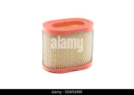 A new oval-shaped engine air filter featuring a textured orange rubber gasket and a fine pleated paper filtering medium, isolated on a clean white sur Stock Photo