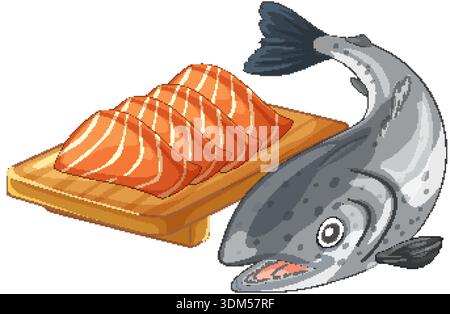 Vector illustration of a whole salmon next to orange fillets on a wooden board Stock Vector