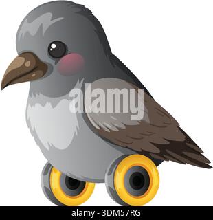 Cute gray bird illustration with yellow wheels, glossy highlights, soft shading, and white background Stock Vector