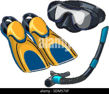 Clean vector illustration of yellow and blue flippers, a diving mask, and a snorkel Stock Vector