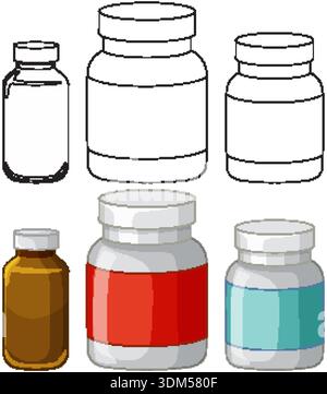 Vector illustration of various pill bottles in line art and colored versions on white background Stock Vector