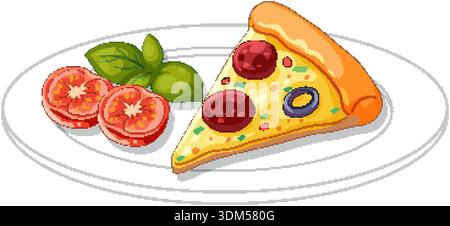 A cartoon style pizza slice with pepperoni, olives, tomatoes, and basil on a white plate Stock Vector