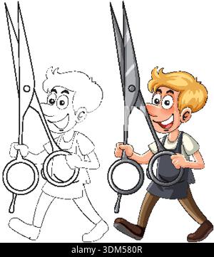 Smiling cartoon barber holding giant scissors, colored and outline versions, isolated on white background Stock Vector