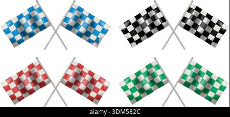 Vector illustration of blue, black, red, and green crossed checkered racing flags on white background Stock Vector