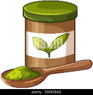 Vector illustration of green tea powder in a jar and spoon on white background Stock Vector