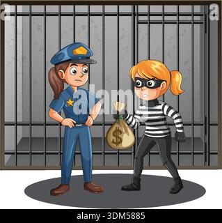 Cartoon policewoman faces masked thief with money bag in front of jail cell background Stock Vector