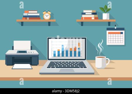 Flat vector home office desk scene featuring a laptop with analytics graph, printer, coffee mug, shelves, and calendar, representing remote business a Stock Vector