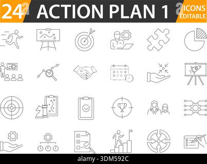 Action Plan line icon set with editable strokes. Stock Vector