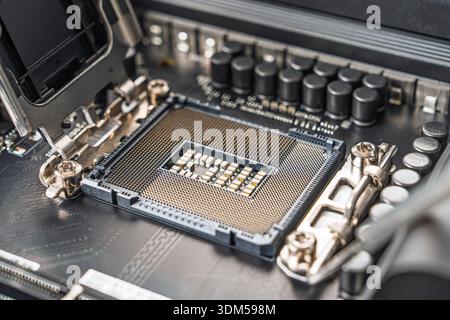 Close-up of a Modern CPU Socket on a Computer Motherboard for High-Performance Computing Stock Photo