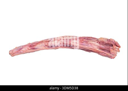 Raw lamb oxtail pieces on rustic wooden cutting board isolated on white background, fresh butcher meat for broth and stew. Stock Photo