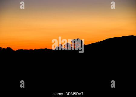 Sunrise silhouette of pine trees and mountain ridge in Sierra Espuña, Totana, Murcia, Spain. Mediterranean winter landscape at dawn Stock Photo