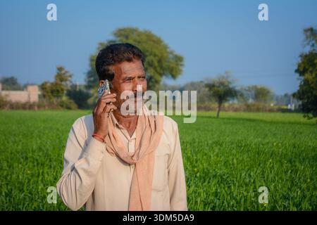 Indian farmer talking on mobile phone while standing in green crop field Stock Photo