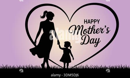 Happy mother’s day silhouette illustration of mother and daughter holding hands inside heart shape on soft gradient background for family celebration Stock Vector