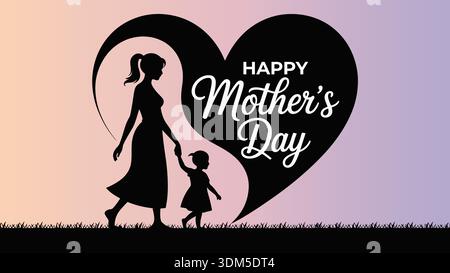 Happy mother’s day silhouette illustration of mother and daughter holding hands inside heart shape on pastel background for family celebration designs Stock Vector