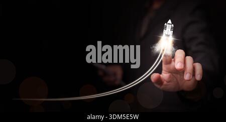Growth concept. Hand draws launching up rocket. Growing success, startup strategy, innovation, project launch, technology expansion, emerging economy, Stock Photo