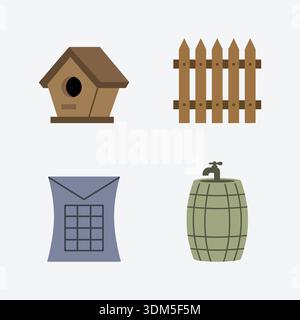 An illustrated set of rustic and practical objects including a birdhouse, wooden fence, sack, barrel, and water container Stock Vector