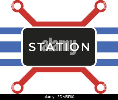 Rectangular station label with circuit like corner nodes and horizontal stripe accents Stock Vector