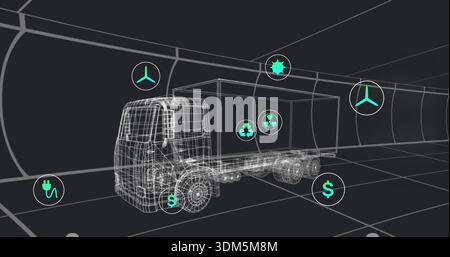 Displaying wireframe cargo truck moving through tunnel grid, with floating energy and hazard icons Stock Photo