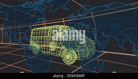 Displaying neon-green wireframe van floating over virtual global map, with orbital ring Stock Photo