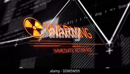 Glowing orange radiation icon with WARNING text dominating HUD, displaying IMMEDIATE ACTION RCD Stock Photo