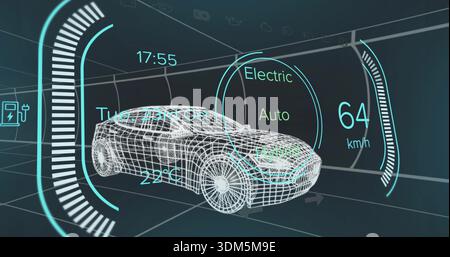 Displaying wireframe 3D sedan model rotating in virtual HUD environment, with speedometer 64 km or h Stock Photo